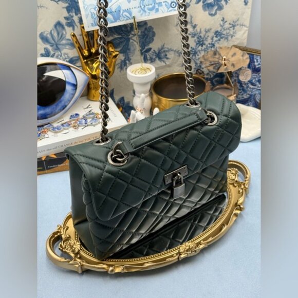 🆕 KURT GEIGER LONDON 🧿 NWOT Brixton Lock Quilted Leather Shoulder Bag, Green - Picture 4 of 16